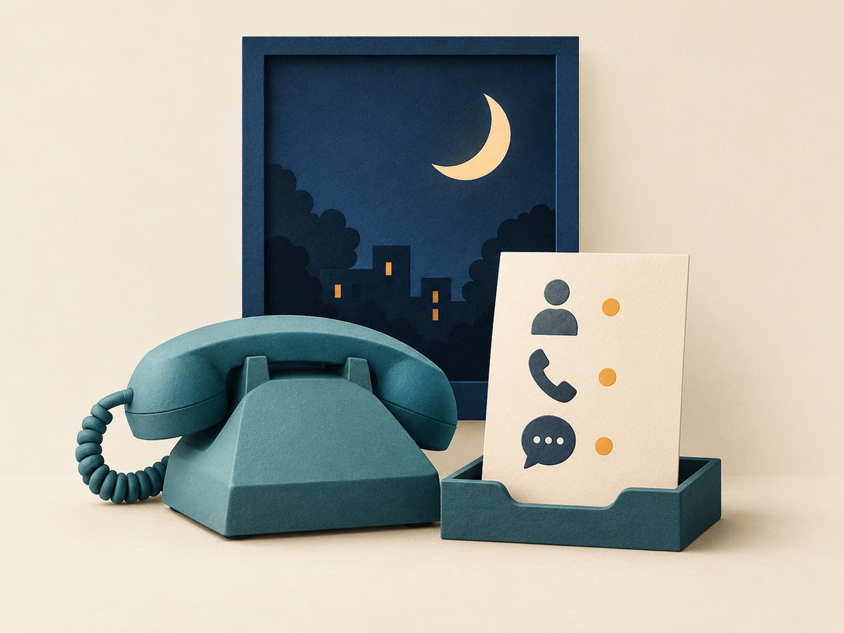 Conceptual illustration of a telephone and intake card beside a nighttime window.