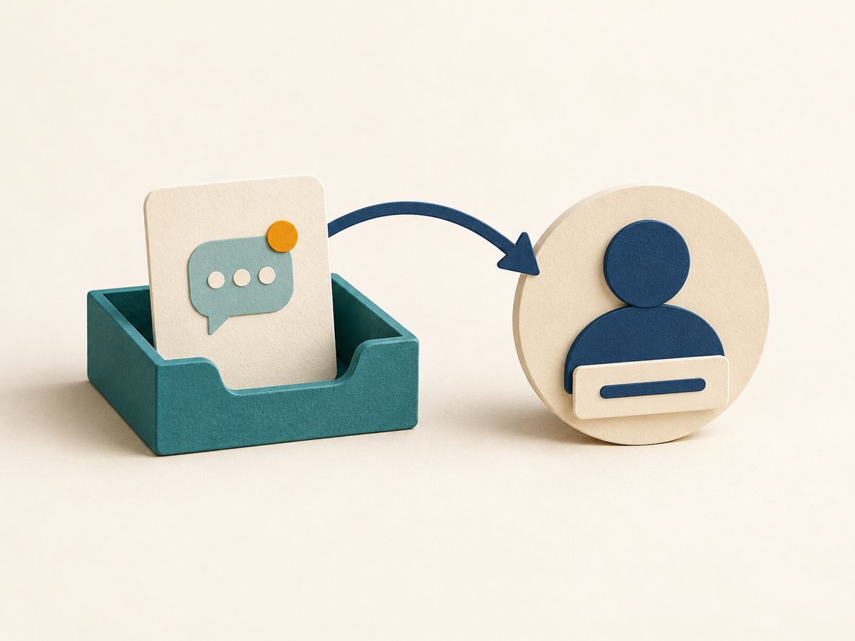 Conceptual illustration of a message card routed to a named human owner.