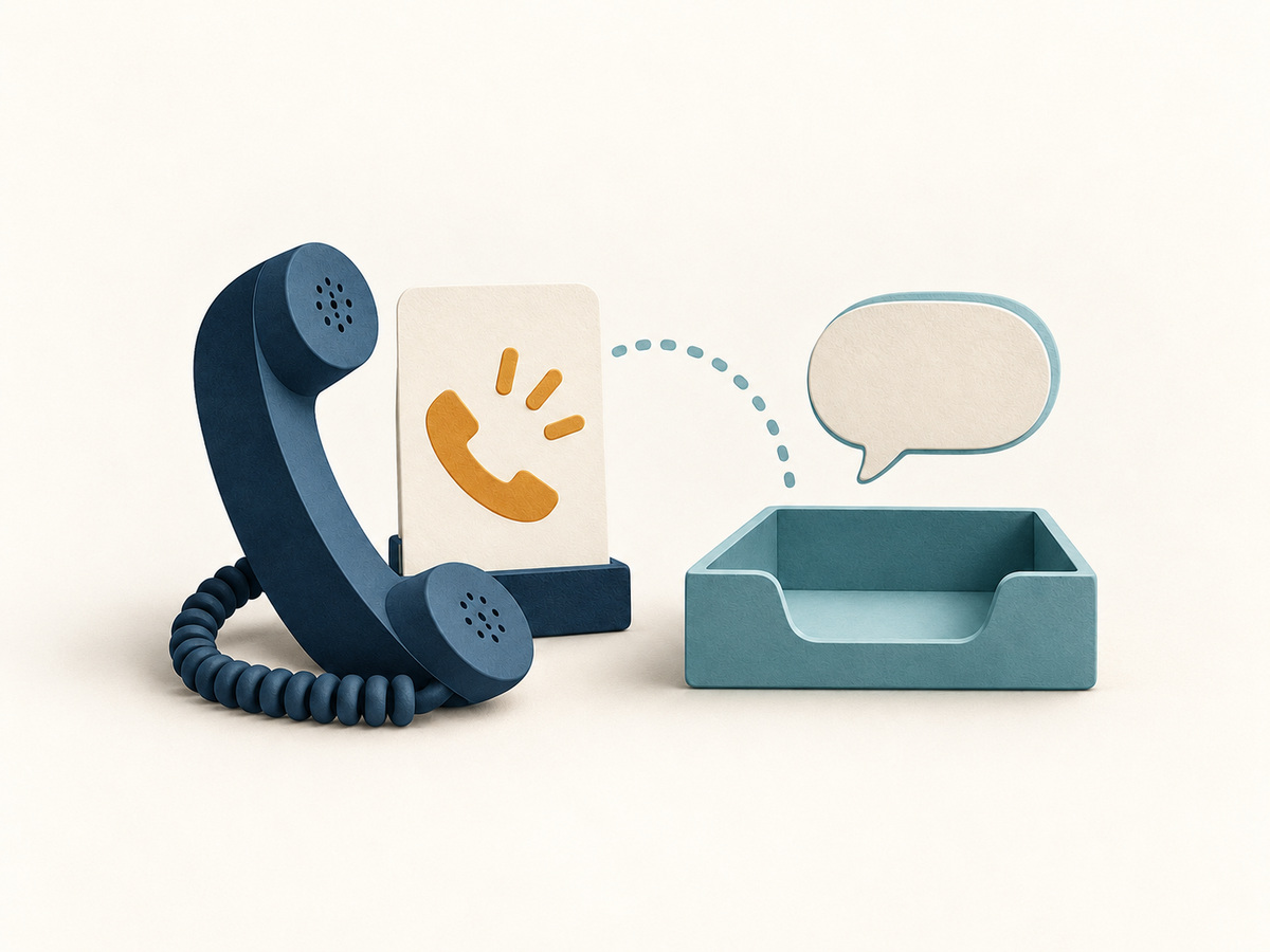 Conceptual illustration of a telephone, an empty message tray and a speech bubble.